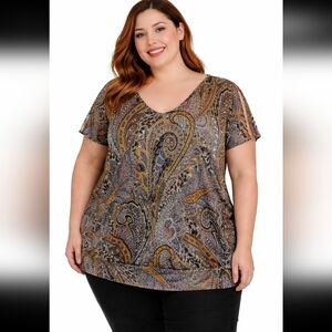 NEW DIRECTIONS Womens 3X Paisley Cold Shoulder Short Sleeve Top Multicolor